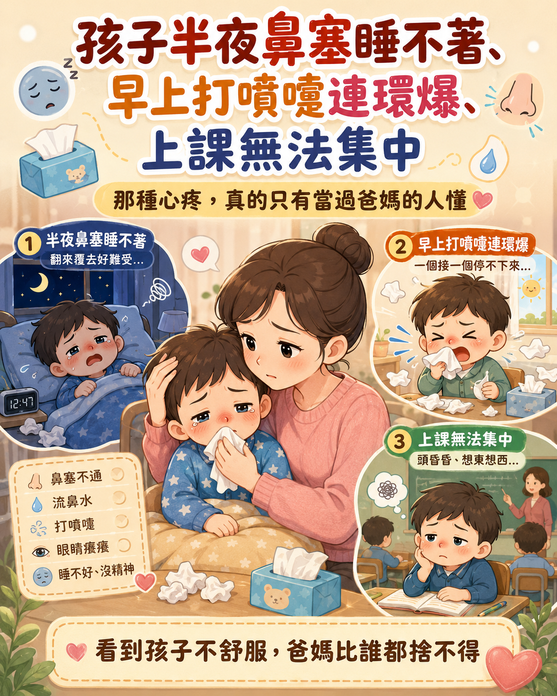 孩子半夜鼻塞睡不著、早上打噴嚏連環爆